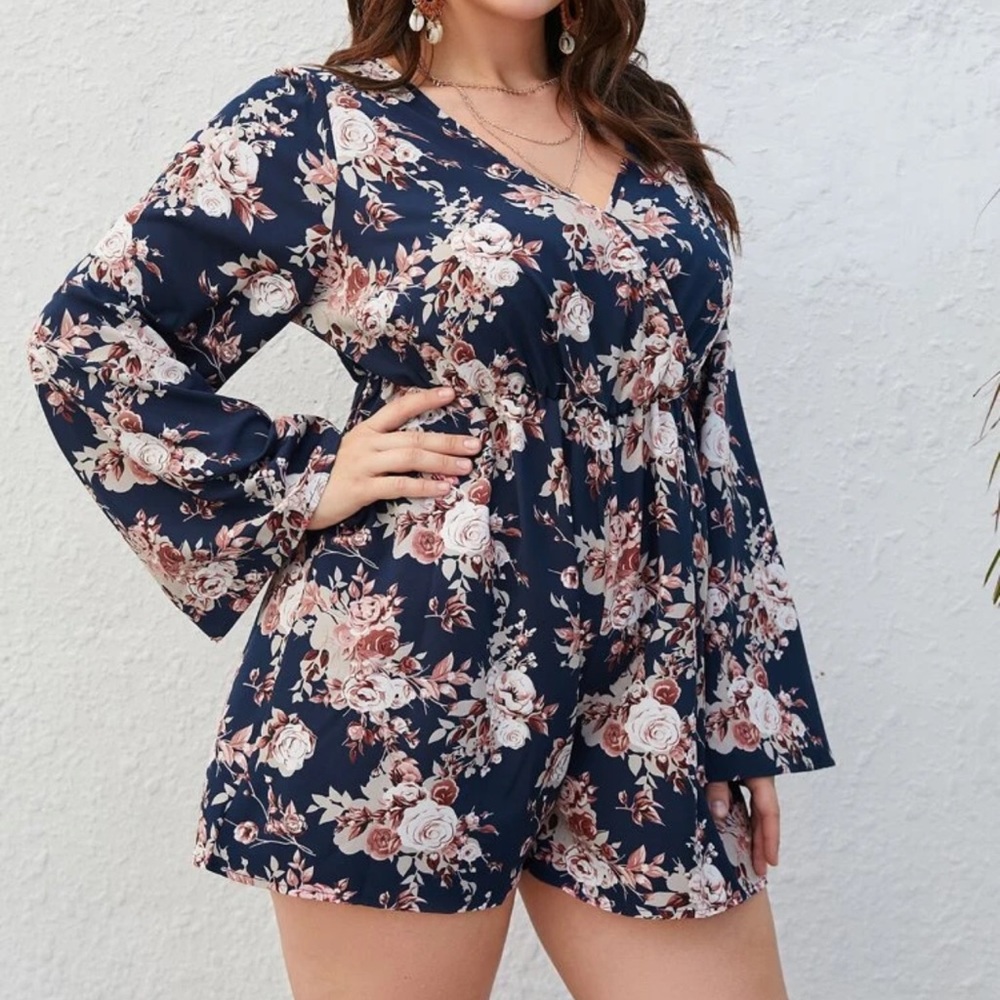 SHEIN Curve Floral Print Surplice Neck Romper with Elastic Waist Band